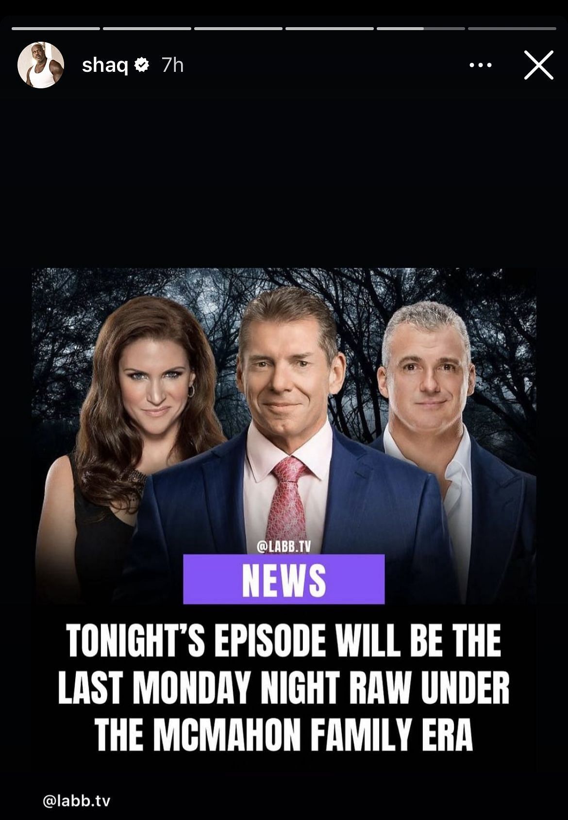 Shaquille O'Neal's Instagram story post regarding the latest WWE announcement
